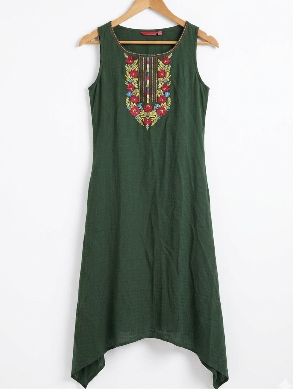 Morpankh Green Floral Embroidered Sleeveless Boho Handkerchief Midi Dress Size M
